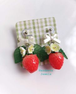 Strawberry Bloom White Bow Silver Stud Earrings
