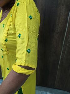 Yellow And Green Color Kurta Set Without Dupatta