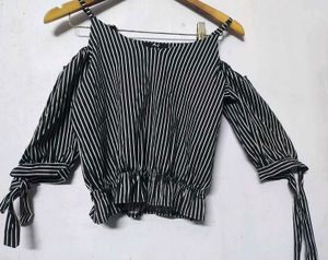 Striped Cold Shoulder Tie-Sleeve Top