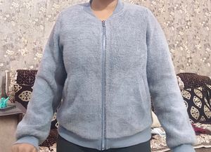 Denim Blue Color Woolen Jacket With Fur Look