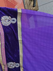 Purple Velvet Saree With Golden Net