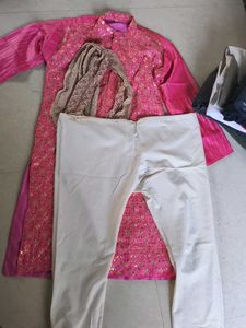 Pink Embroidered Kurta Set For Men