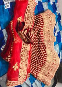 Elegant Cherry Red &amp; Gold Lehenga Set