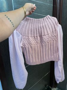 Pink Knit &amp; Chiffon Sleeve Top