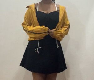 Strap Mini Black Dress Yellow Windbreaker Jacket