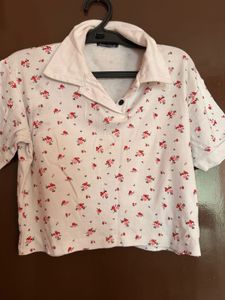 White Floral Print Polo Crop Tshirt