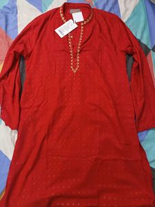 Men Red &amp; Gold-Toned Geometric Kurta