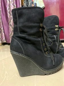 Black Wedge Lace-Up Boots