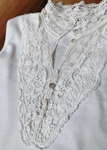 Women White Lace Neck Design Cotton Casual Top