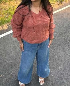 Rust Knit V-Neck Sweater