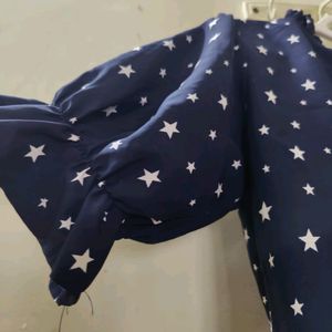 Dark Blue Top With Puffy Short Sleeves With White Stars