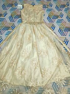 Elegant Champagne Gold Floral Net Gown – Perfect f