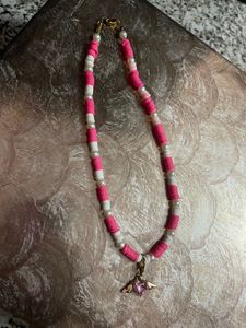 Pink Fimo Beads With Angel Heart Wing Necklace