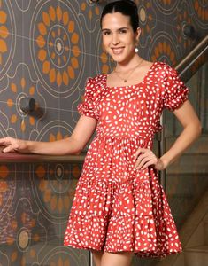 Shein Red & White Print Tiered Mini Dress