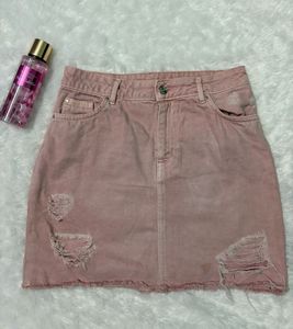 H&amp;M Pink Denim Distressed Skirt