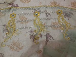 Aqua Net Saree with Silver and Gold Crystal Embell