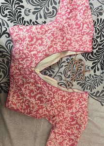 Deep Neck Pink And White Pure Cotton Blouse