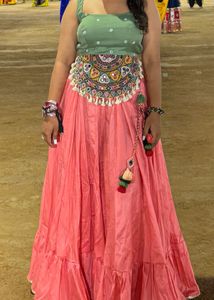 GREEN COLOR BLOUSE WITH PINK LEHENGA