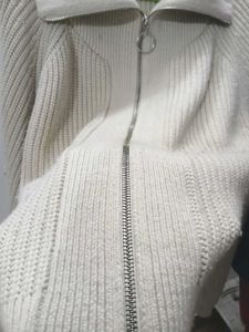 Beige Zip-Up Knit Cardigan