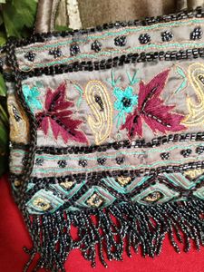 Embroidered Handbag with Moti Tassels