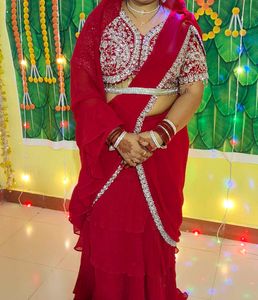 Red Embellished Lehenga Saree Xxl Size