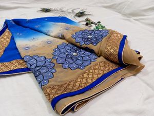 Embroidered Blue Saree With Blouse