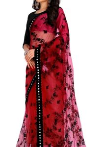 Embroidery Bollywood Net Red Saree