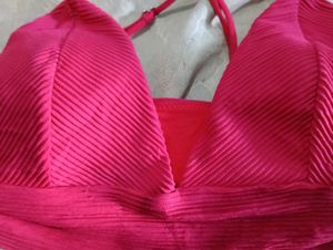 Pink Ribbed Halter Bikini Top