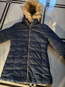 New Navy Puffer Coat with Fur Hood
