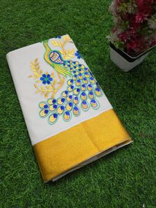 Not used Kerala Saree with Peacock Embroidery