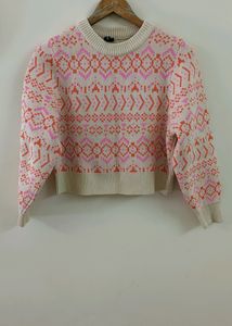 H & M -White Sweater with Playful Pink and Orange