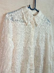 Trendy Partywear Lace Shirt Top Sheer Off-white
