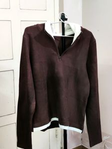 💥BUY1GET1💥 imported brown quarter-zip hoodie with white trim.