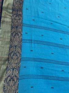 Cyan Color Saree with (blue) Gold Border
