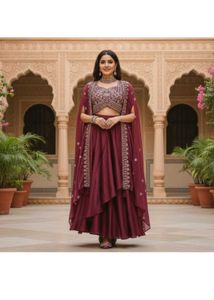Maroon Embellished Draped skirt with top
