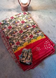Madhubani Art Beautiful Red Border Saree