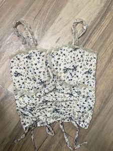 Floral Lace Trim Drawstring Crop Top