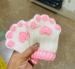 Crochet Catpaw Fingerless Gloves Double Sided