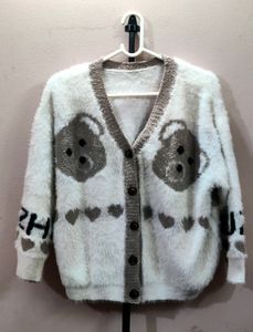 Imported women's V-neck fuzzy knit cardigan/sweate