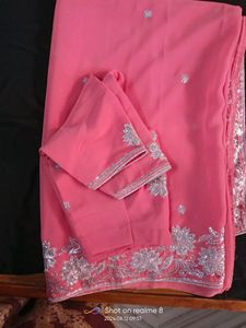 Pink Saree with Silver Embroidery