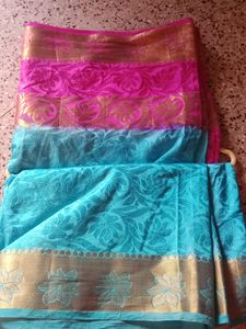 Blue And Pink Saree With Gold Border