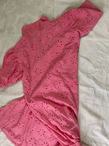 Pink Cotton Eyelet A-Line Dress with Puff Sleeves