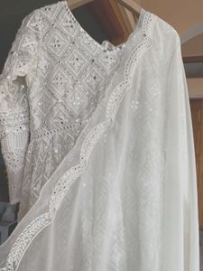 🦢 ✨Mirror Work White Anarkali Kurta With Dupatta