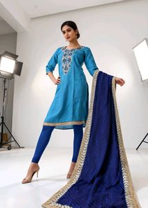 Blue Embroidered Kurta With Dupatta