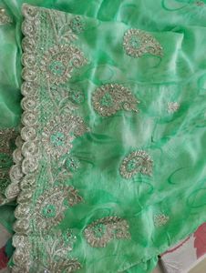 Sea Green Embellished Saree With Cut Work