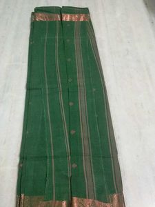 Green Tant Sari With Bronze Gold Border