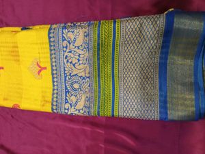 Yellow &amp; Blue Saree Cotton Silk