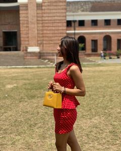 red dress with Polka Dot Handbag both