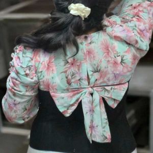 Women&#39;s Floral Puff Sleeve Top – Mint Green&amp;Black