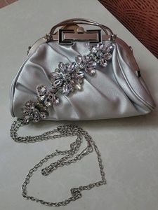 Beautiful Silver Clutch Cum Sling Bag